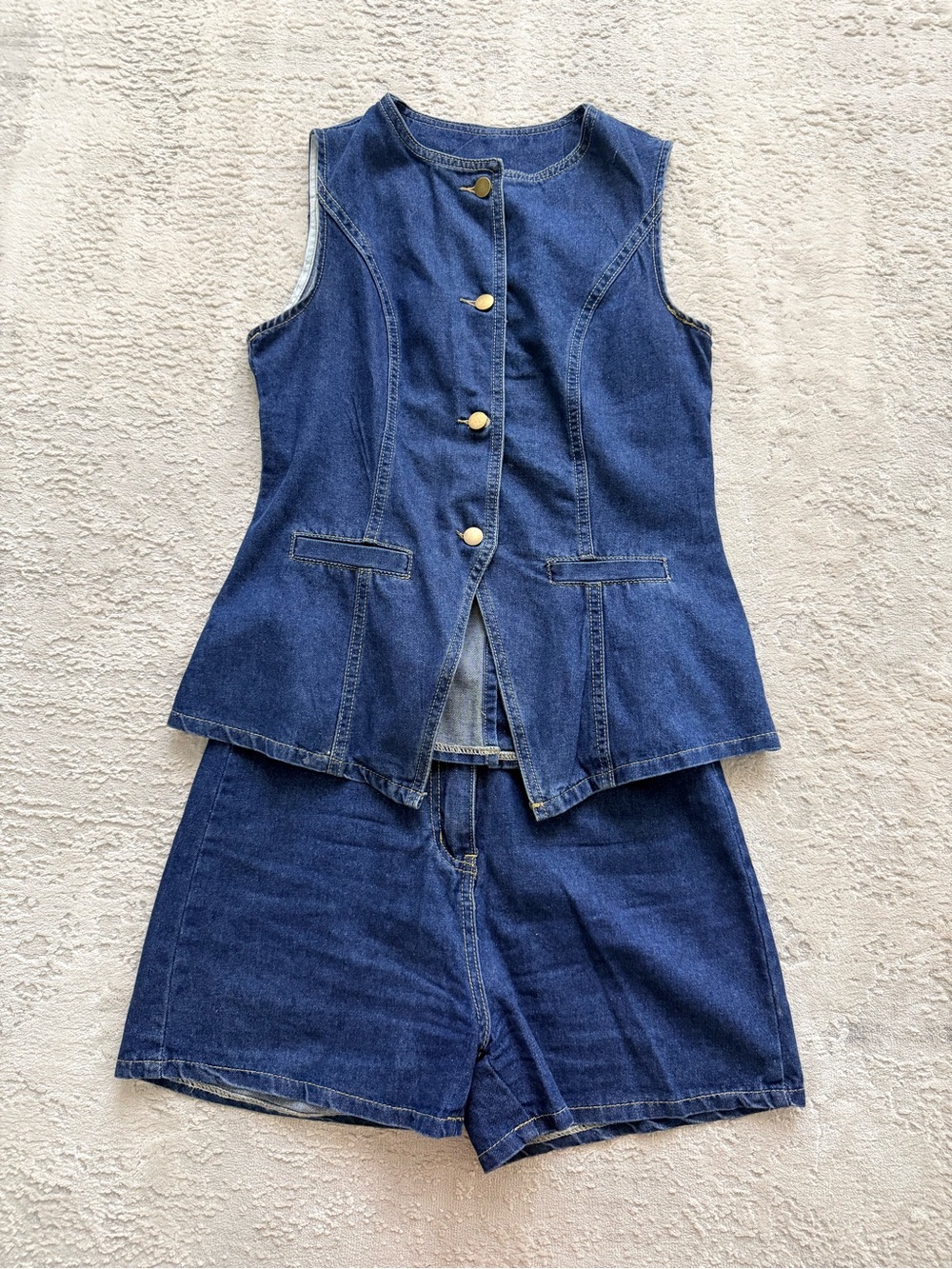 Denim Button-Front Vest and Shorts Set - Deep Blue
